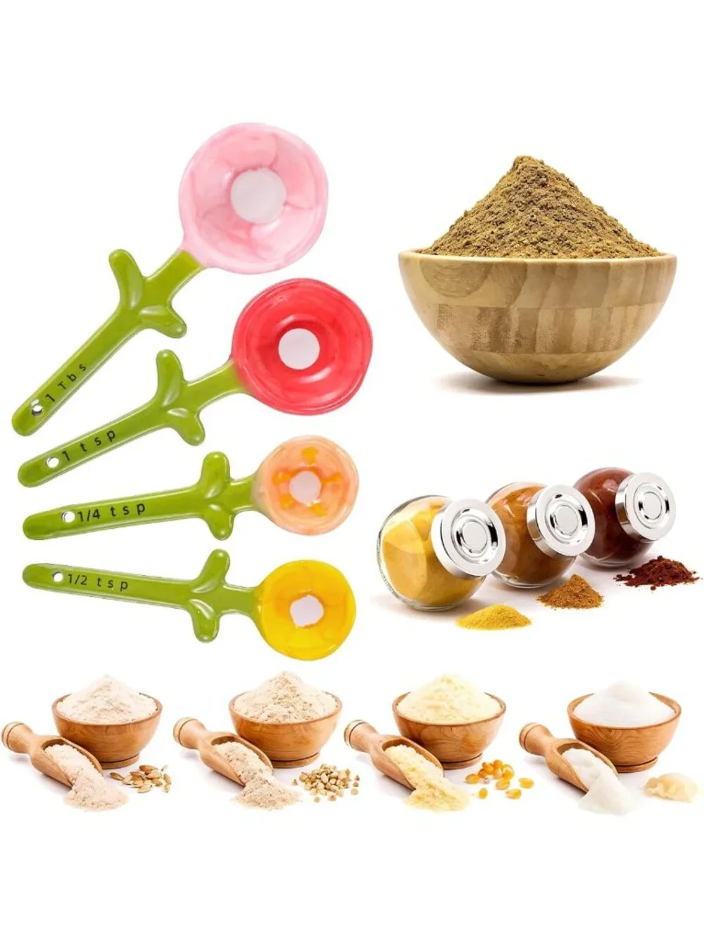 Cute Flower Measuring Spoons Set with Holder - Ceramic Baking Tools for Dry